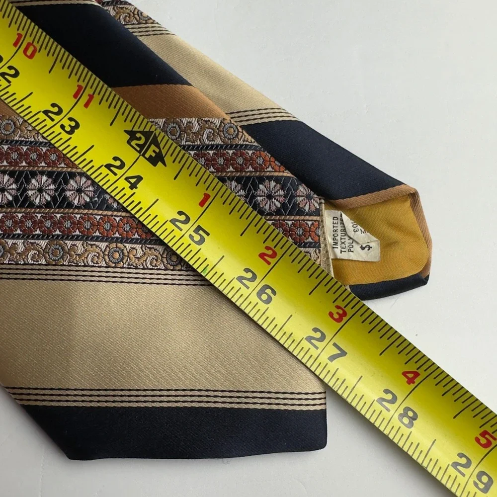 Vintage Damon Mens Tie Navy Gold Rust Striped Floral Brocade 70s Wide Polyester
